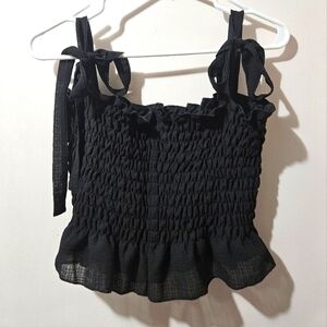 Womens Black Tie Shoulder Straps Stretch Top W/ Ruffle Bottom Size Small